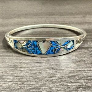 Vintage Taxco Mexico Sterling Silver Mother of Pearl Inlay Hinged Cuff Bracelet